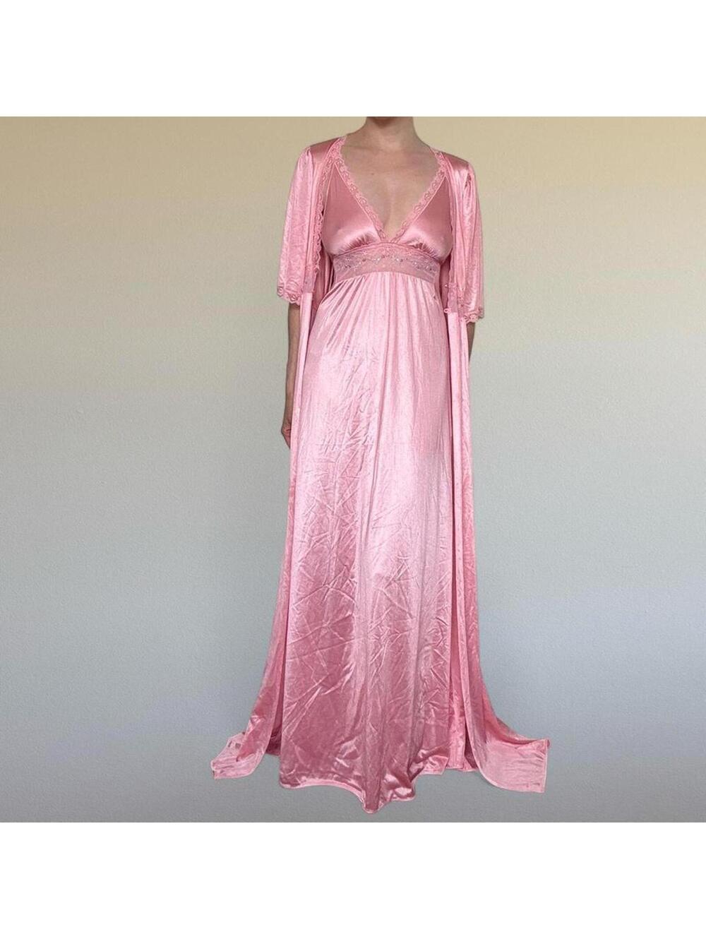 SOLD 70s liquid satin peignoir and nightgown set Sz. M